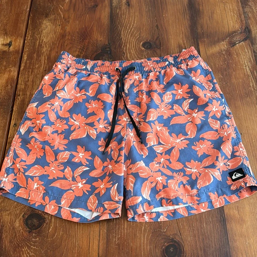 Quiksilver Blue and Orange Floral Swim Board Shorts